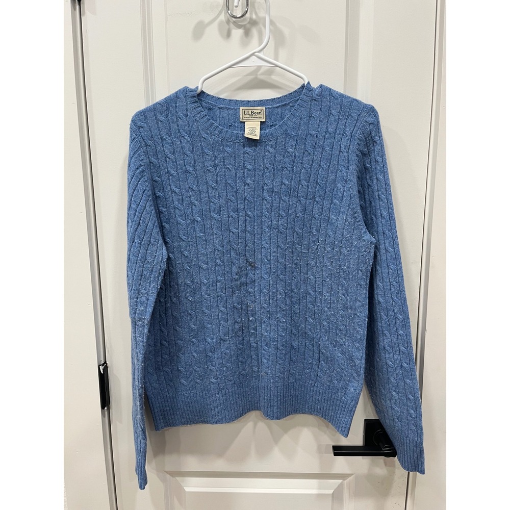 LL Bean Womens Cable Knit Sweater Blue Lambswool Blend M-Reg